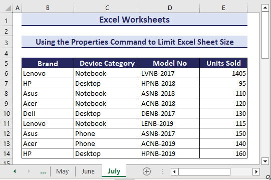 Using Developer Properties command to limit Excel sheet size