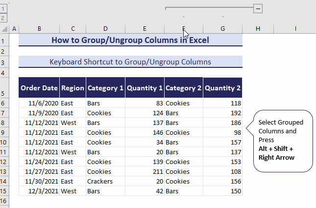 ungroup columns using keyboard shortcut