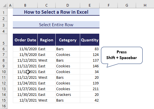 Selecting whole row in Excel 