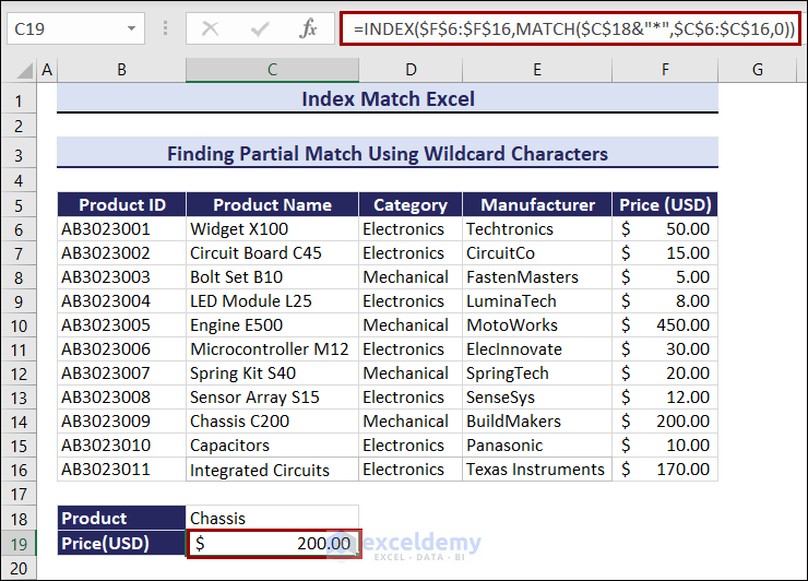 Finding partial match using INDEX MATCH in Excel
