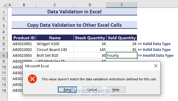 Invalid Data Type for this Data Validation