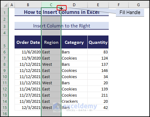 using fill handle tool with shift key to insert column