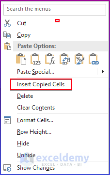 Click on the Insert Copied Cells option